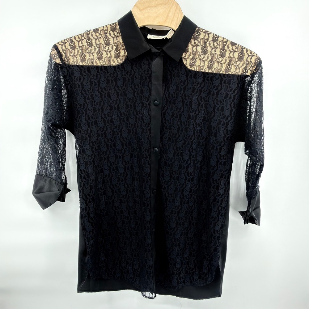 Vintage Victoria's Secret Gold Label Black Lace Sheer Button‎ Up Blouse Top P/S